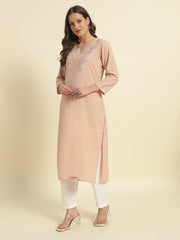 Thread Plus Cotton Flax Solid Colors Straight Kurti With Embroidery In Onion Pink For Women