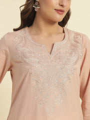 Thread Plus Cotton Flax Solid Colors Straight Kurti With Embroidery In Onion Pink For Women