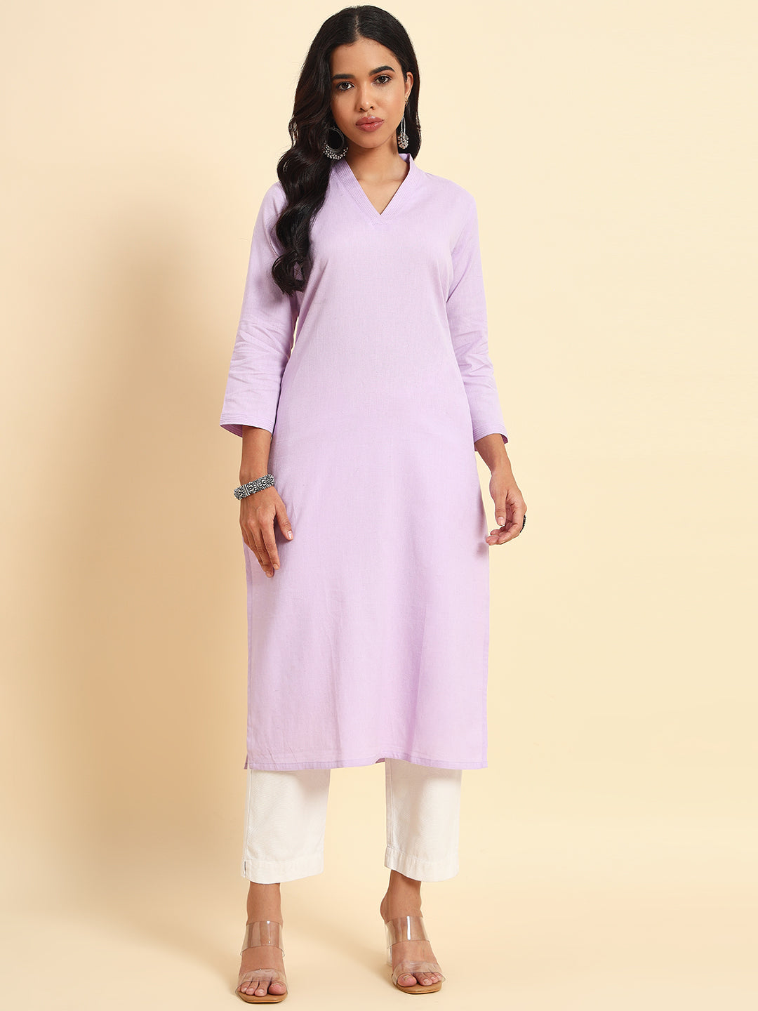 Thread Plus Cotton Flax Straight Kurti In Lavender Color For Women