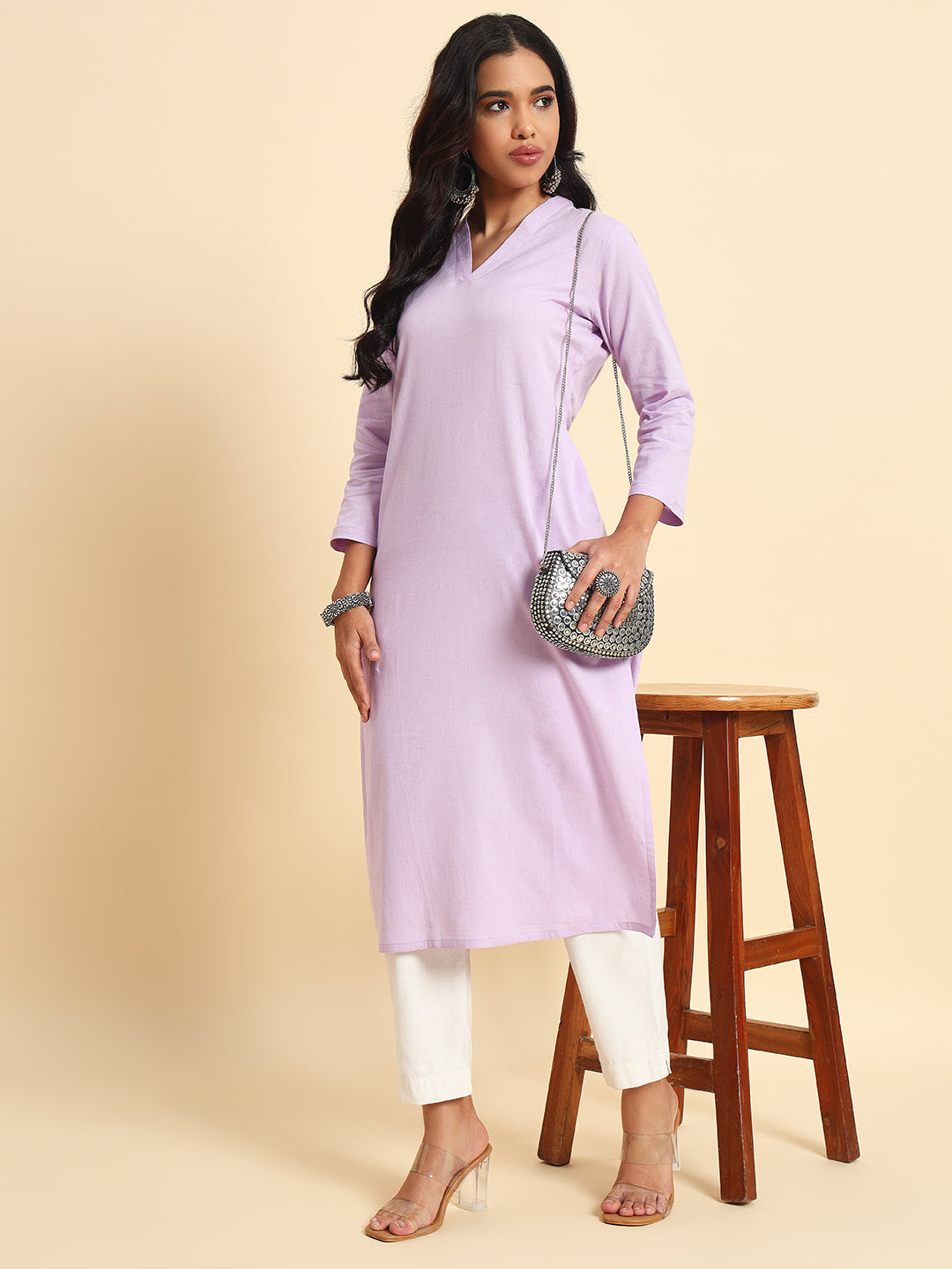 Thread Plus Cotton Flax Straight Kurti In Lavender Color For Women