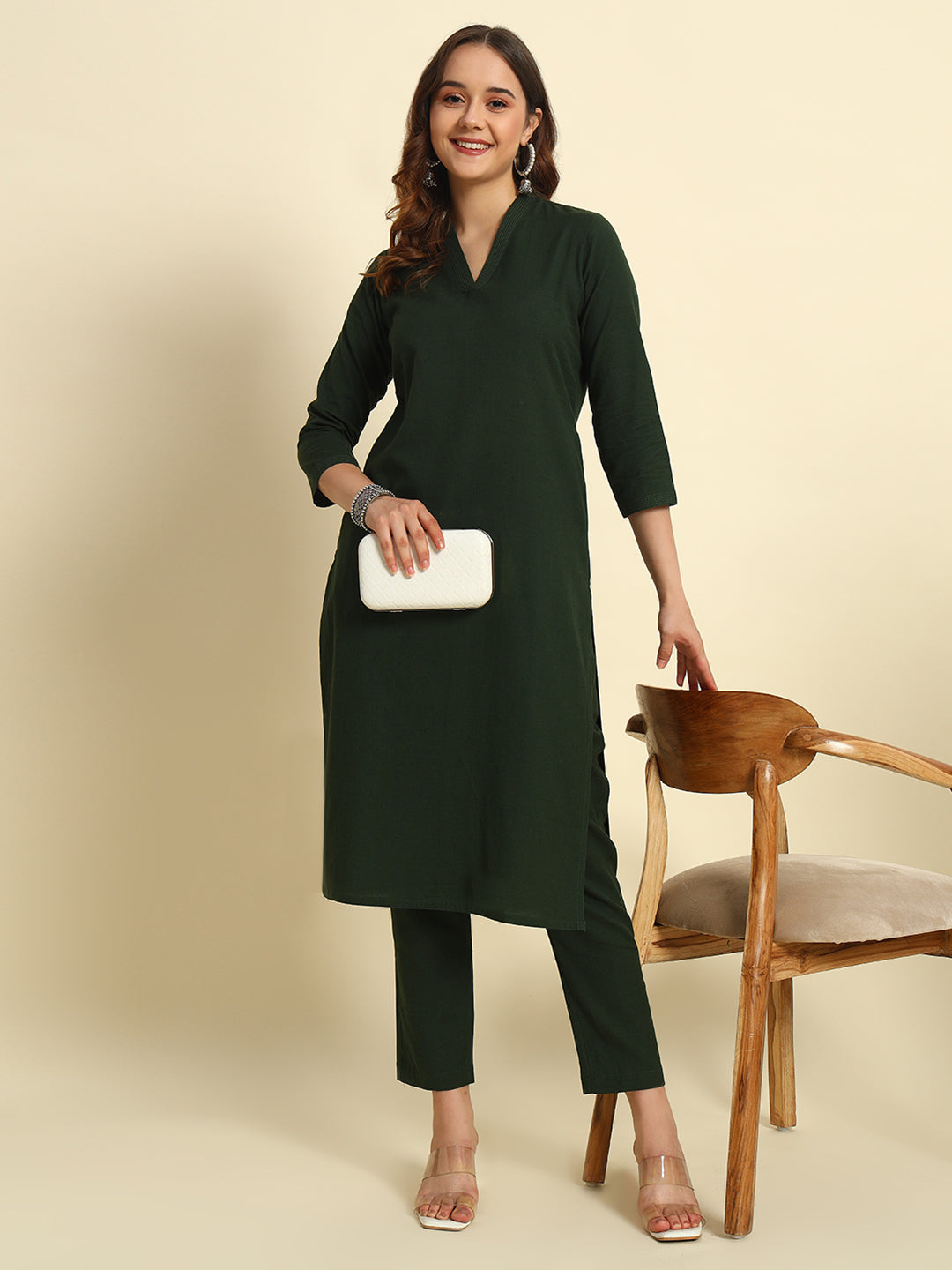 Thread Plus Cotton Flax Set Straight Kurti With Pant In Dark Mehandi Green Color For Women