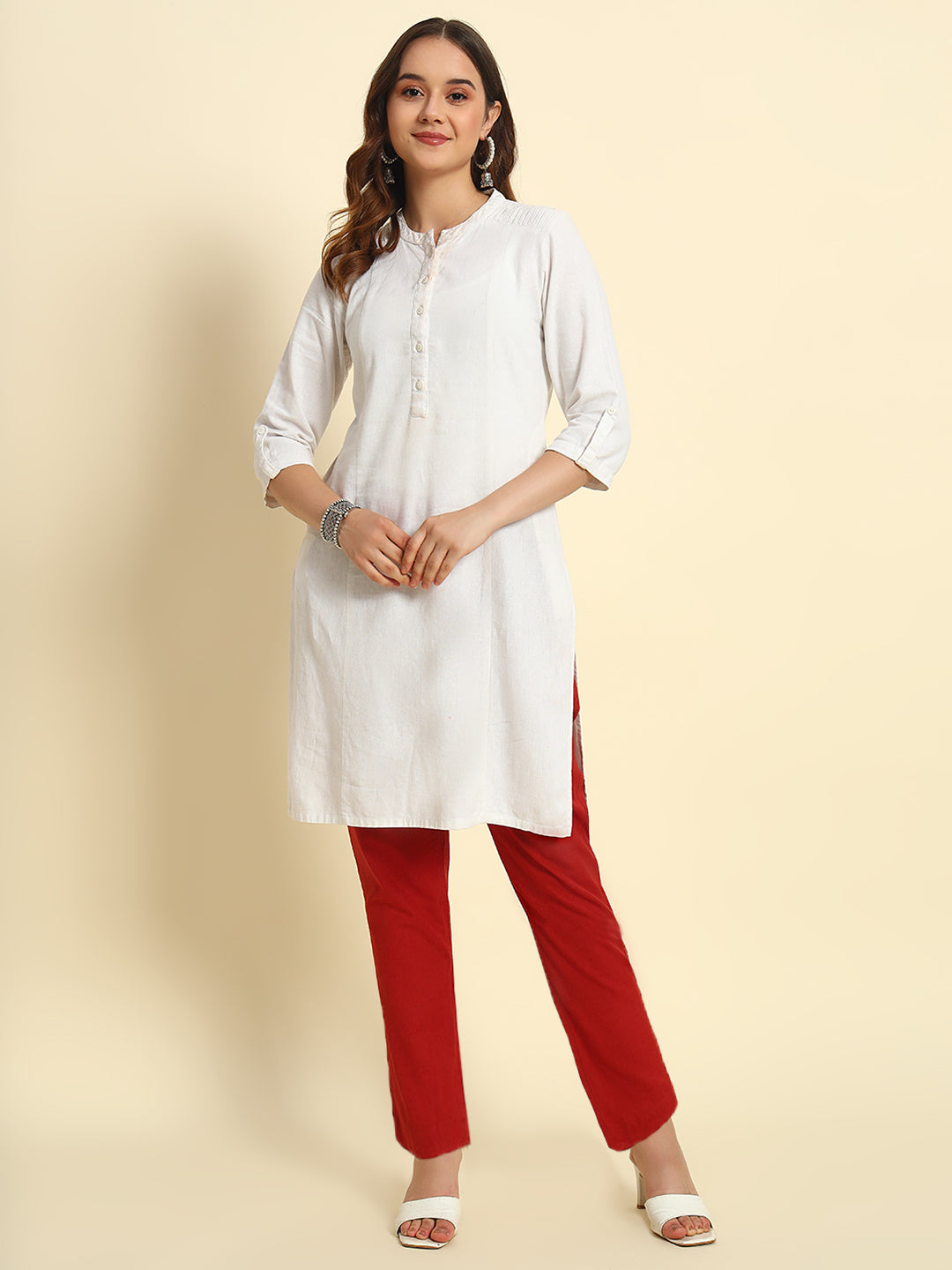 Thread Plus Cotton Flax Kurti Pants for Women Red