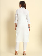 Thread Plus Cotton Flax Set Straight Kurti With Pant In White Color For Women