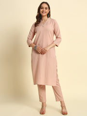 Thread Plus Cotton Flax Set Straight Kurti With Pant In Onion Pink Color For Women