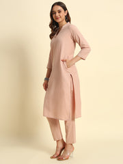 Thread Plus Cotton Flax Set Straight Kurti With Pant In Onion Pink Color For Women