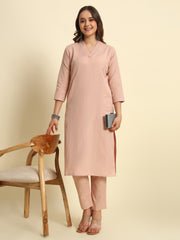 Thread Plus Cotton Flax Set Straight Kurti With Pant In Onion Pink Color For Women