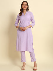 Thread Plus Cotton Flax Set Straight Kurti With Pant In Lavender Color For Women