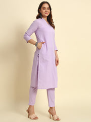 Thread Plus Cotton Flax Set Straight Kurti With Pant In Lavender Color For Women