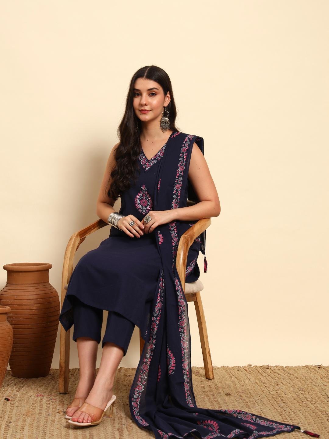 Thread Plus Slub Cotton Hand Block Kurti Set Of 3 Without Sleeves With Malmal Dupatta Navy Blue