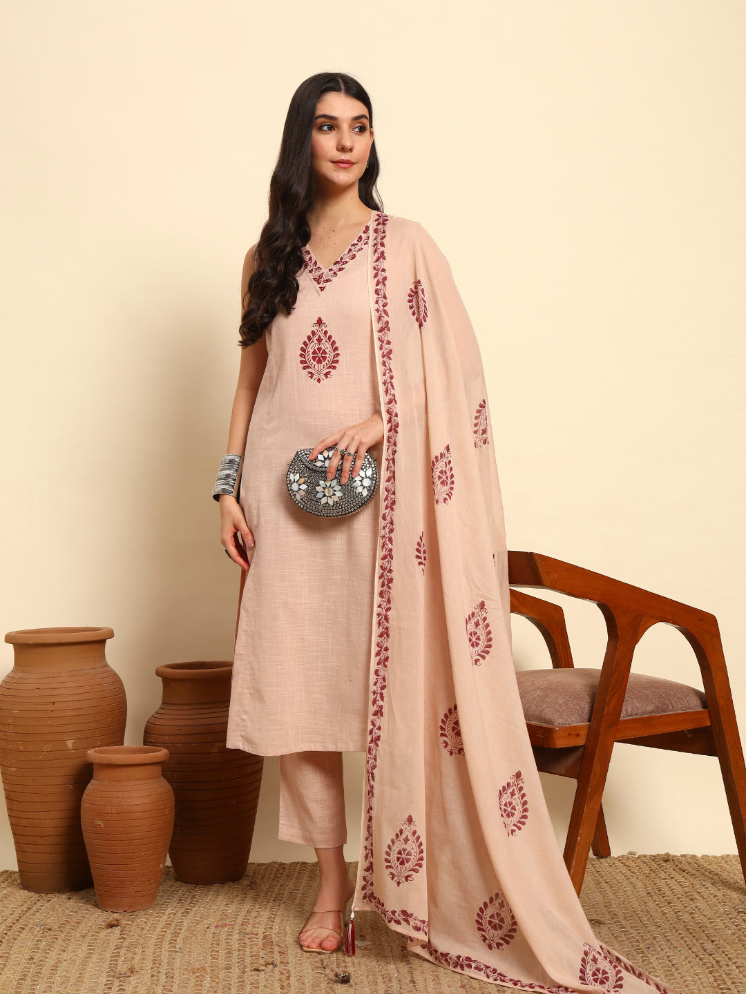 Thread Plus Slub Cotton Hand Block Kurti Set Of 3 Without Sleeves With Malmal Dupatta Onion Pink