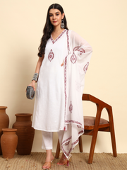 Thread Plus Slub Cotton Hand Block Kurti Set Of 3 Without Sleeves With Malmal Dupatta Off White