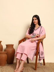 Thread Plus Slub Cotton Hand Block Kurti Set Of 3 Without Sleeves With Malmal Dupatta Baby Pink