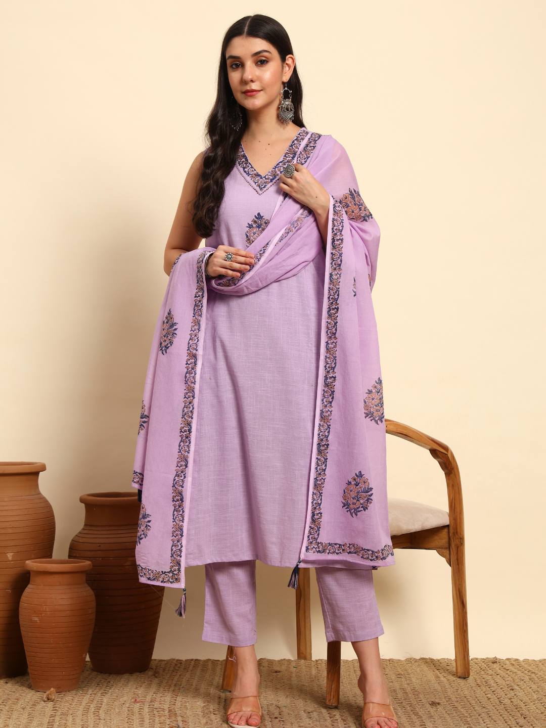 Thread Plus Slub Cotton Hand Block Kurti Set Of 3 Without Sleeves With Malmal Dupatta Lavender