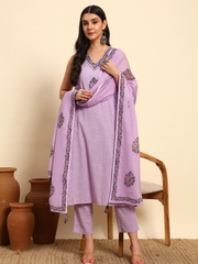 Thread Plus Slub Cotton Hand Block Kurti Set Of 3 Without Sleeves With Malmal Dupatta Lavender