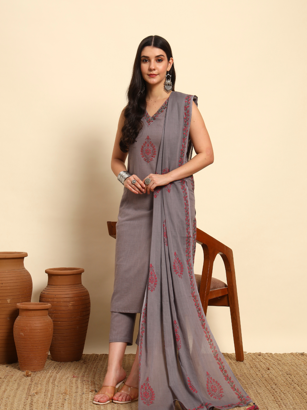 Thread Plus Slub Cotton Hand Block Kurti Set Of 3 Without Sleeves With Malmal Dupatta Grey
