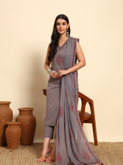 Thread Plus Slub Cotton Hand Block Kurti Set Of 3 Without Sleeves With Malmal Dupatta Grey