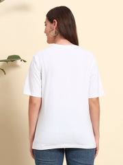 Women's & girls' White cotton oversized loose-fitting round-necked drop-shoulder t-shirt with solid half sleeves