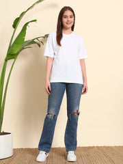 Women's & girls' White cotton oversized loose-fitting round-necked drop-shoulder t-shirt with solid half sleeves
