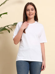 Women's & girls' White cotton oversized loose-fitting round-necked drop-shoulder t-shirt with solid half sleeves