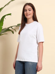 Women's & girls' White cotton oversized loose-fitting round-necked drop-shoulder t-shirt with solid half sleeves