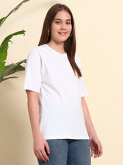 Women's & girls' White cotton oversized loose-fitting round-necked drop-shoulder t-shirt with solid half sleeves