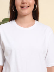 Women's & girls' White cotton oversized loose-fitting round-necked drop-shoulder t-shirt with solid half sleeves