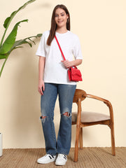 Women's & girls' White cotton oversized loose-fitting round-necked drop-shoulder t-shirt with solid half sleeves