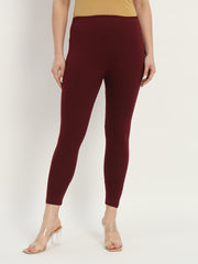 Thread Plus Ankle Length Super Stretchable Solid Cotton Leggings For Women Wine