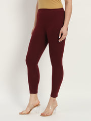 Thread Plus Ankle Length Super Stretchable Solid Cotton Leggings For Women Wine