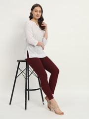 Thread Plus Ankle Length Super Stretchable Solid Cotton Leggings For Women Wine