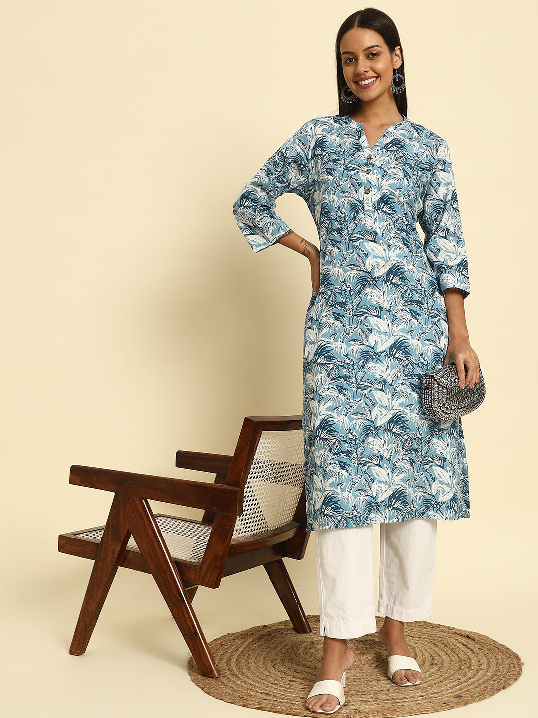 Women's Cambric Cotton Front Slit Striped Pocket Kurti with Teal Blue Paisley Floral Print