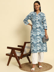 Women's Cambric Cotton Front Slit Striped Pocket Kurti with Teal Blue Paisley Floral Print