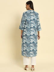 Women's Cambric Cotton Front Slit Striped Pocket Kurti with Teal Blue Paisley Floral Print