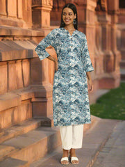 Women's Cambric Cotton Front Slit Striped Pocket Kurti with Teal Blue Paisley Floral Print