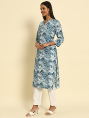 Women's Cambric Cotton Front Slit Striped Pocket Kurti with Teal Blue Paisley Floral Print