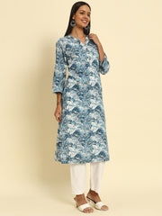 Women's Cambric Cotton Front Slit Striped Pocket Kurti with Teal Blue Paisley Floral Print