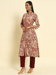 Women's Cambric Cotton Front Slit Striped Pocket Kurti with Maroon Floral Print