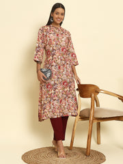 Women's Cambric Cotton Front Slit Striped Pocket Kurti with Maroon Floral Print