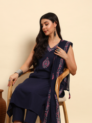 Thread Plus Slub Cotton Hand Block Kurti Set Of 3 Without Sleeves With Malmal Dupatta Navy Blue