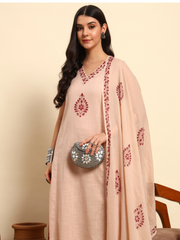 Thread Plus Slub Cotton Hand Block Kurti Set Of 3 Without Sleeves With Malmal Dupatta Onion Pink
