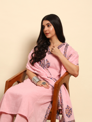 Thread Plus Slub Cotton Hand Block Kurti Set Of 3 Without Sleeves With Malmal Dupatta Baby Pink