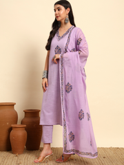 Thread Plus Slub Cotton Hand Block Kurti Set Of 3 Without Sleeves With Malmal Dupatta Lavender