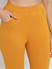 Thread Plus D Pocket Stretchable Solid Cotton Pants for Women Mustard