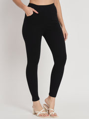 Thread Plus D Pocket Stretchable Solid Cotton Pants for Women Black