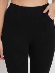 Thread Plus D Pocket Stretchable Solid Cotton Pants for Women Black