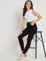 Thread Plus D Pocket Stretchable Solid Cotton Pants for Women Black