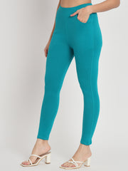 Thread Plus D Pocket Stretchable Solid Cotton Pants for Sea Blue