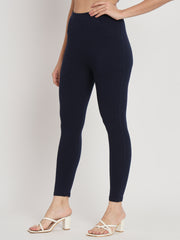 Thread Plus D Pocket Stretchable Solid Cotton Pants for Women Navy Blue