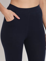 Thread Plus D Pocket Stretchable Solid Cotton Pants for Women Navy Blue