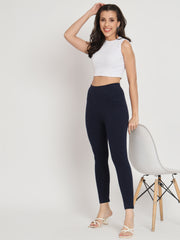 Thread Plus D Pocket Stretchable Solid Cotton Pants for Women Navy Blue